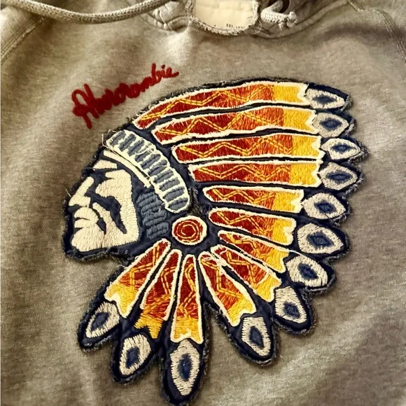 Abercrombie & Fitch Gray Hoodie with Colorful Indian Embroidery Y2K - Picture 3 of 8